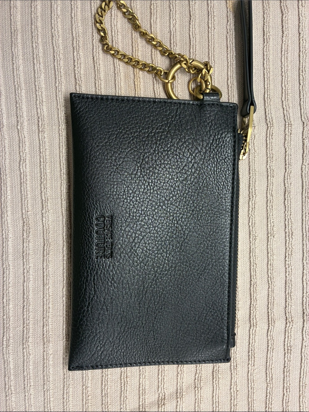 Versace Jeans Collection Black Leather Zip Wristlet with Gold Hardware